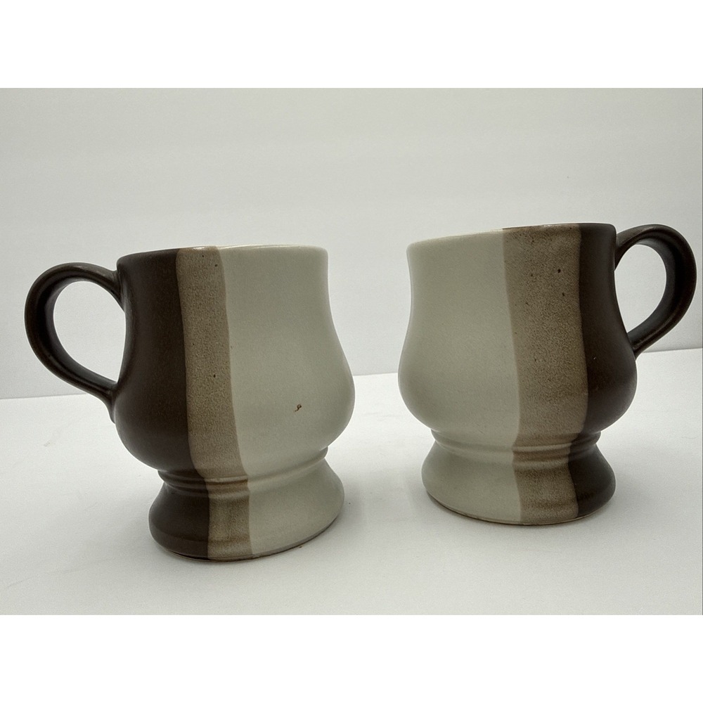 VTG Lot Of 2 McCoy USA Pottery Coffee Mug Sandstone Brown Band Stripe‎ Pedestal